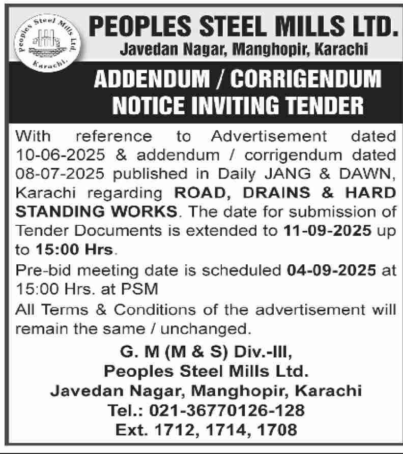 Peoples Steel Mills Limited Karachi Tender Notice